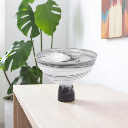 10" Black and Gray Swirl Mouth Blown Glass Footed Centerpiece Bowl HomeRoots