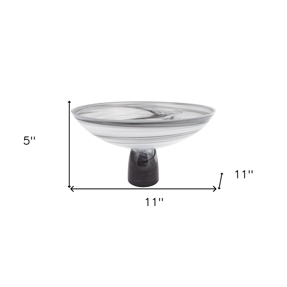 11" Black and White Alabaster Glass Round Pedestal Centerpiece Bowl HomeRoots