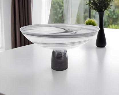 11" Black and White Alabaster Glass Round Pedestal Centerpiece Bowl HomeRoots