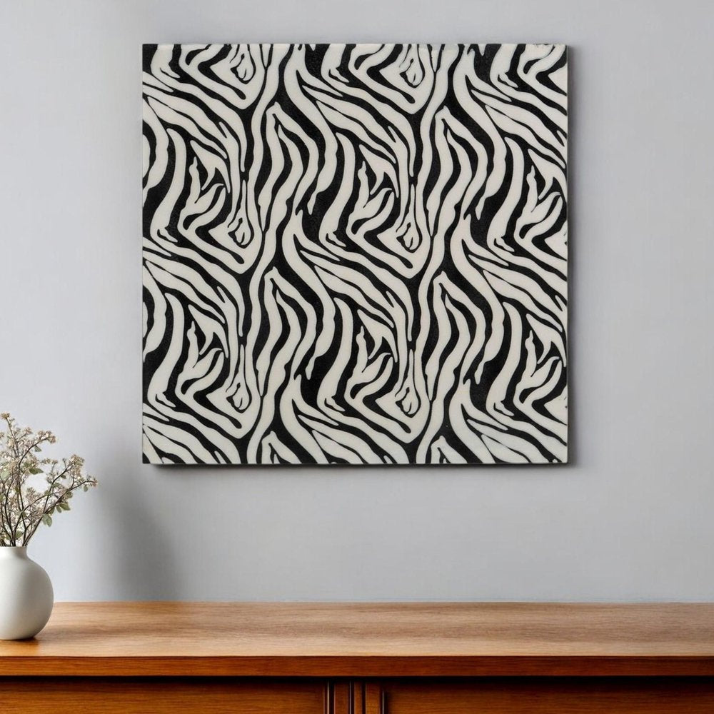 12" Black And White Zebra Iron And Resin Square Hanging Wall Tile