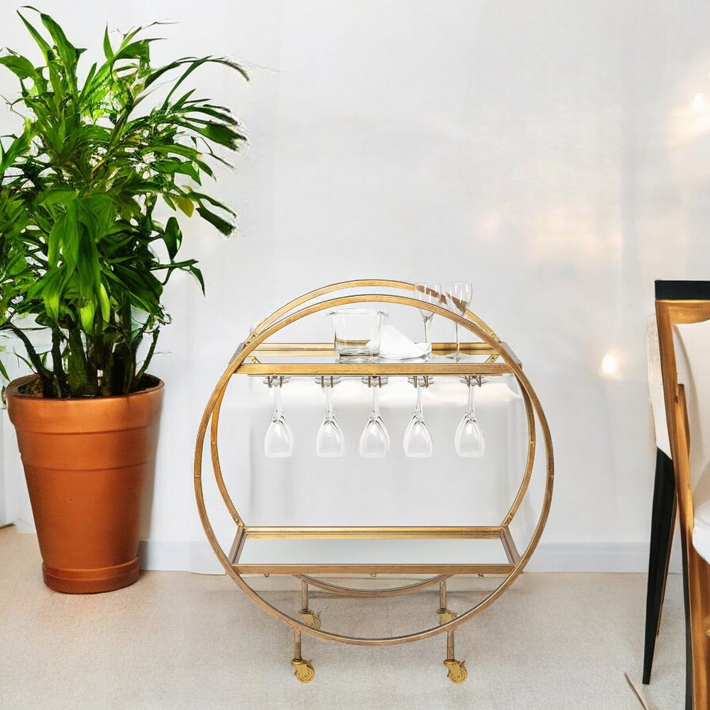 Gold 36" Round Rolling Kitchen Cart With Storage — view 9