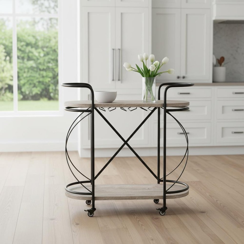 15" Black Solid Wood and Steel Round Rolling Kitchen Cart With Storage HomeRoots
