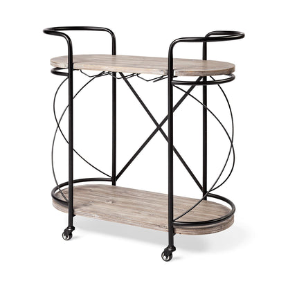 15" Black Solid Wood and Steel Round Rolling Kitchen Cart With Storage HomeRoots