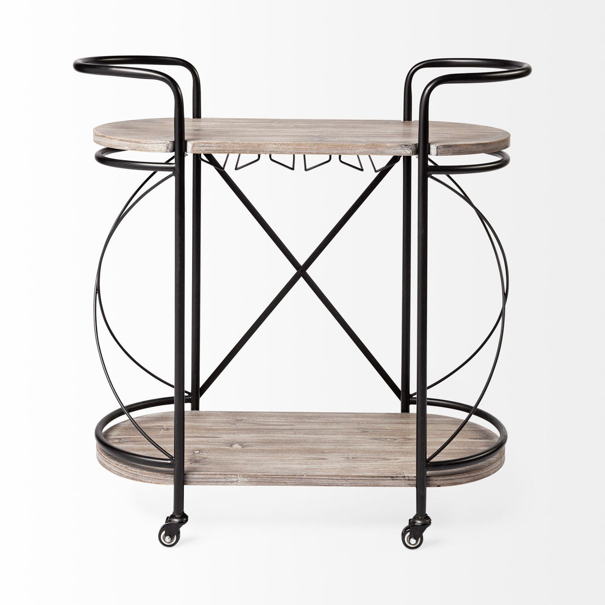 15" Black Solid Wood and Steel Round Rolling Kitchen Cart With Storage HomeRoots
