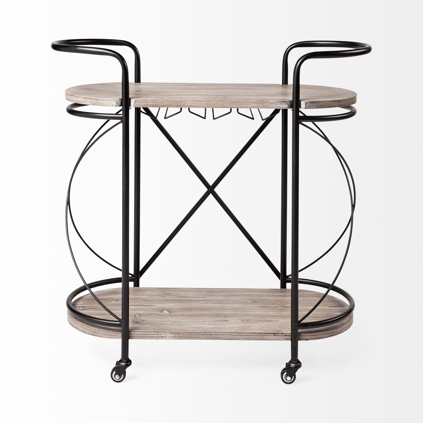 15" Black Solid Wood and Steel Round Rolling Kitchen Cart With Storage HomeRoots