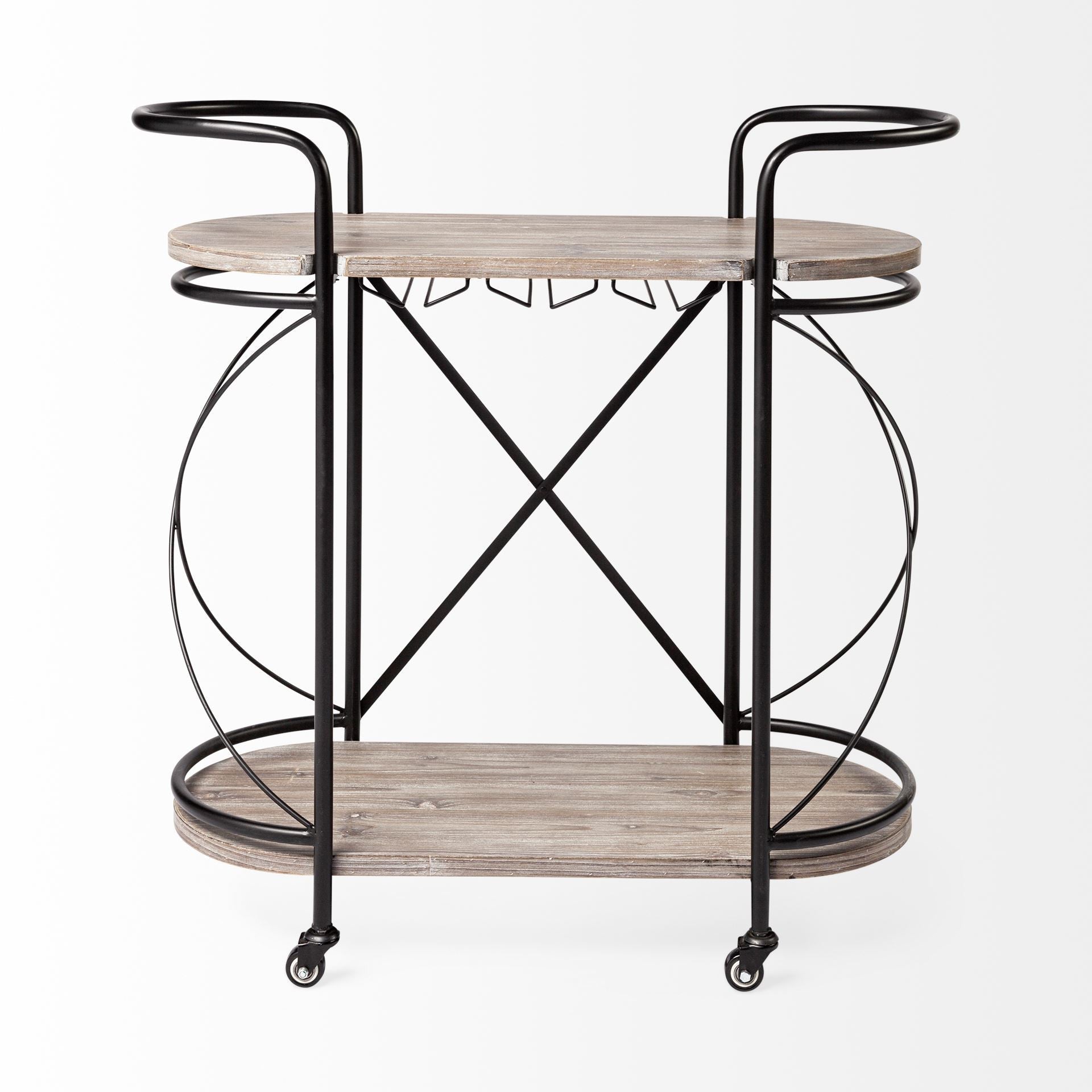 15" Black Solid Wood and Steel Round Rolling Kitchen Cart With Storage HomeRoots