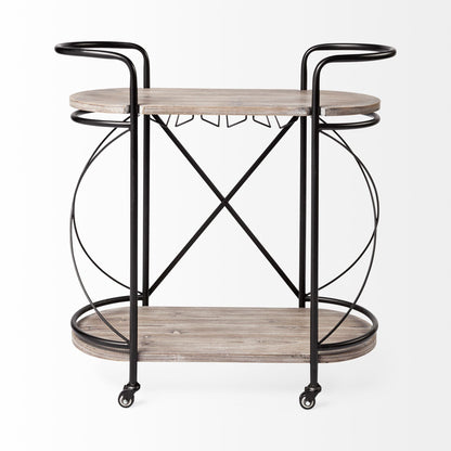 15" Black Solid Wood and Steel Round Rolling Kitchen Cart With Storage HomeRoots