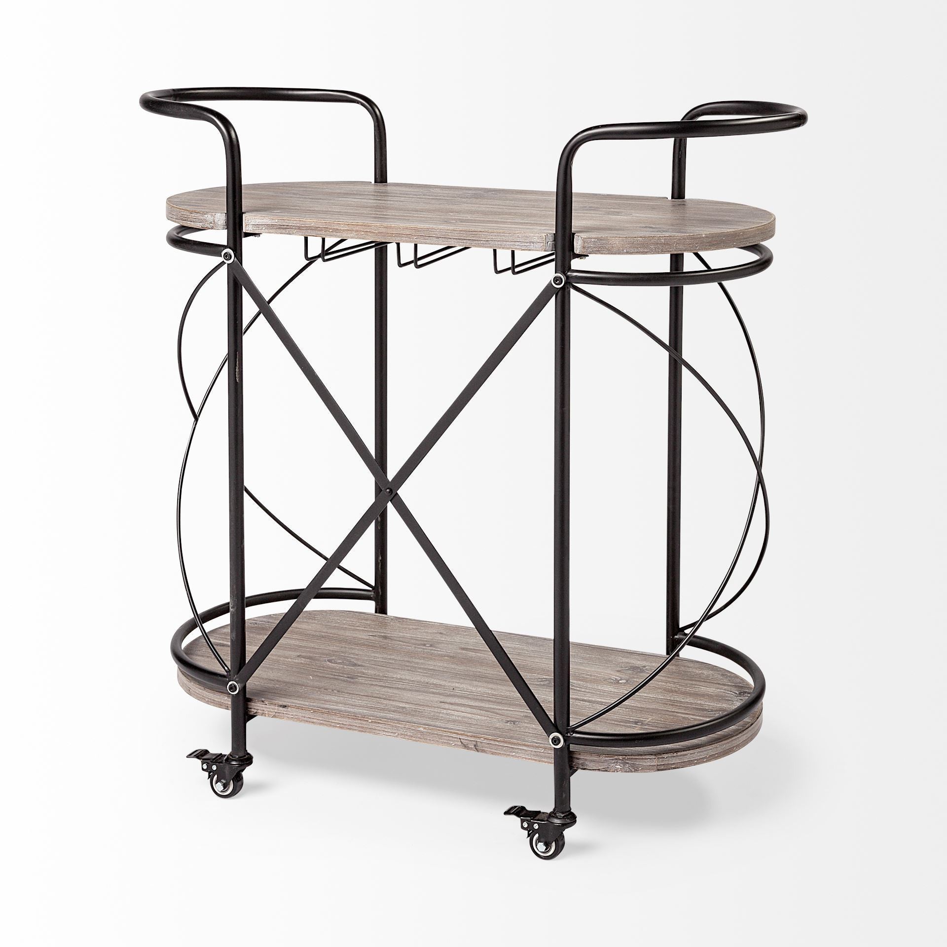 15" Black Solid Wood and Steel Round Rolling Kitchen Cart With Storage HomeRoots