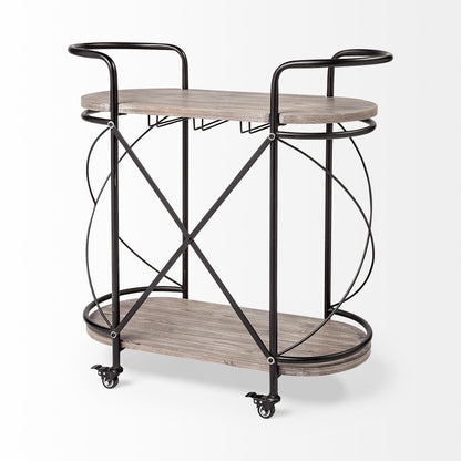15" Black Solid Wood and Steel Round Rolling Kitchen Cart With Storage HomeRoots