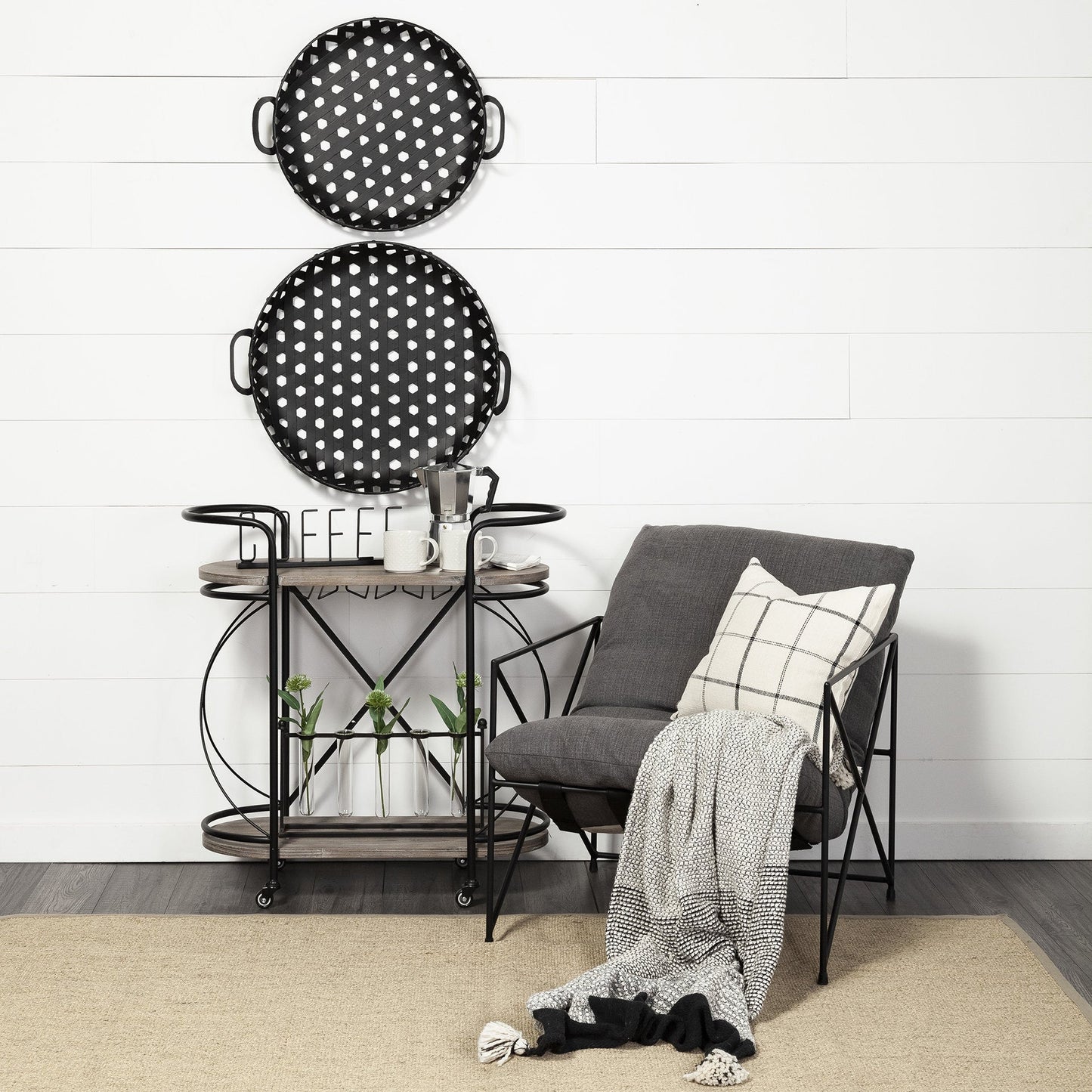 15" Black Solid Wood and Steel Round Rolling Kitchen Cart With Storage HomeRoots