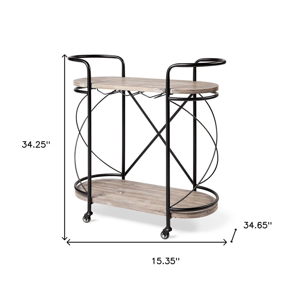 15" Black Solid Wood and Steel Round Rolling Kitchen Cart With Storage HomeRoots