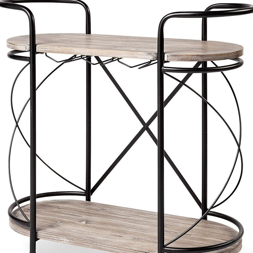 15" Black Solid Wood and Steel Round Rolling Kitchen Cart With Storage HomeRoots