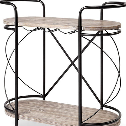 15" Black Solid Wood and Steel Round Rolling Kitchen Cart With Storage HomeRoots