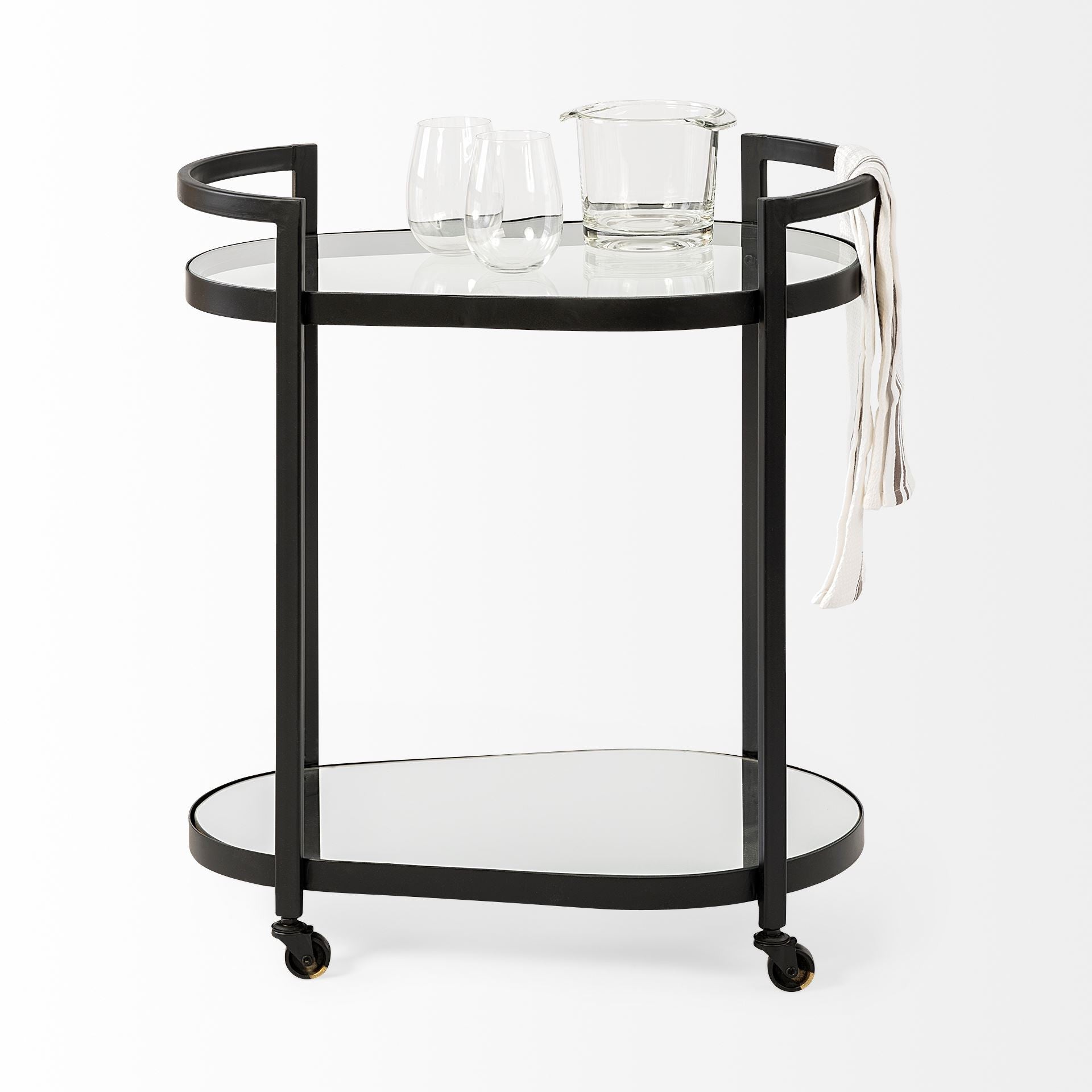 Cyclider Black Metal With Two Mirror Glass Shelves Bar Cart HomeRoots