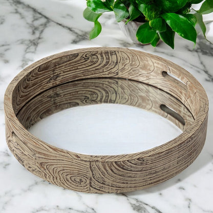 20" Light Brown Round Wood Indoor Outdoor Serving Tray With Handles HomeRoots