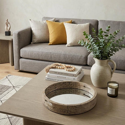 20" Light Brown Round Wood Indoor Outdoor Serving Tray With Handles HomeRoots