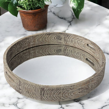 28" Natural and Brown Round Wood Indoor Outdoor Tray With Handles