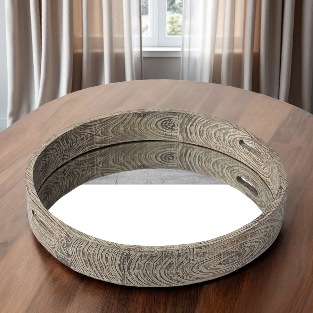 28" Natural and Brown Round Wood Indoor Outdoor Tray With Handles HomeRoots