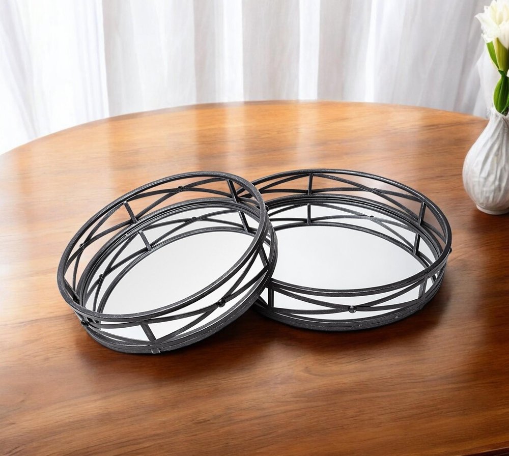 Set of Two Black Round Metal And Mirrored Glass Vanity Trays HomeRoots
