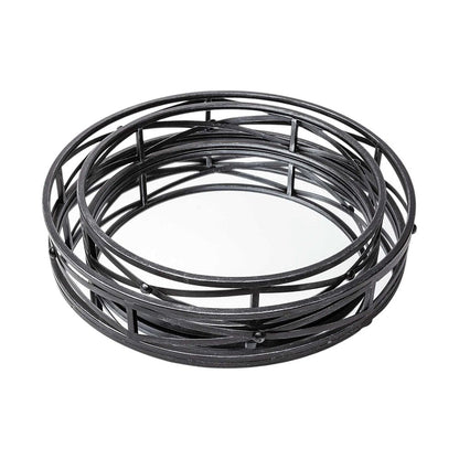 Set of Two Black Round Metal And Mirrored Glass Vanity Trays HomeRoots