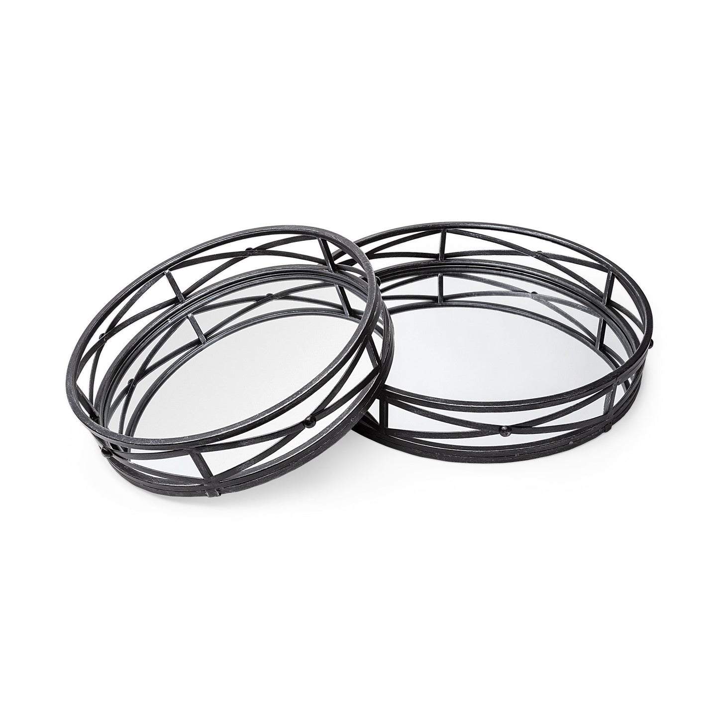 Set of Two Black Round Metal And Mirrored Glass Vanity Trays HomeRoots