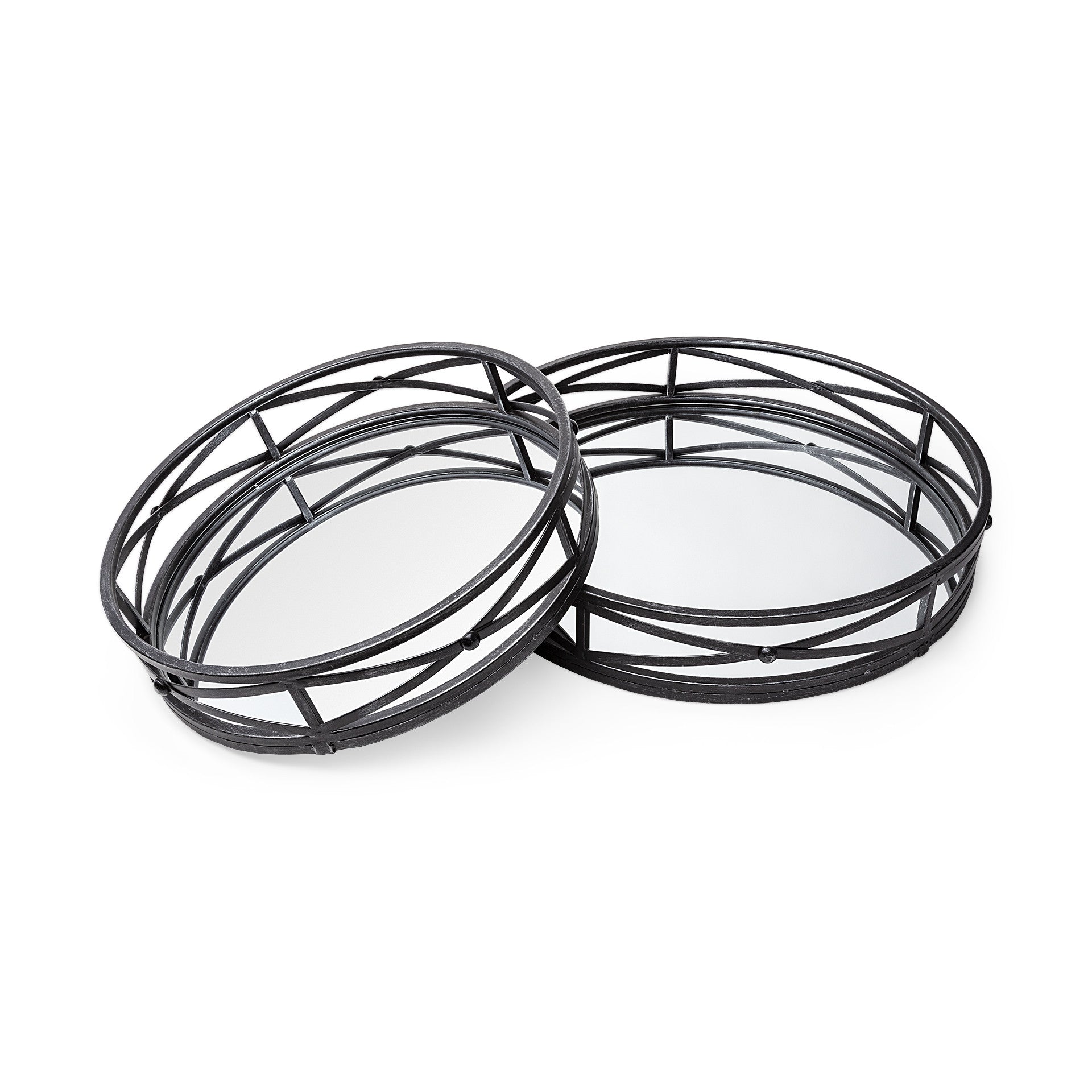 Set of Two Black Round Metal And Mirrored Glass Vanity Trays HomeRoots