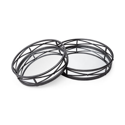 Set of Two Black Round Metal And Mirrored Glass Vanity Trays HomeRoots