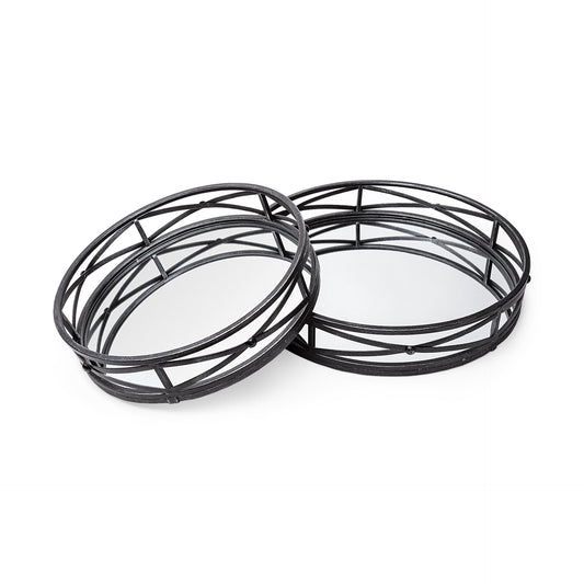 Set of Two Black Round Metal And Mirrored Glass Vanity Trays HomeRoots