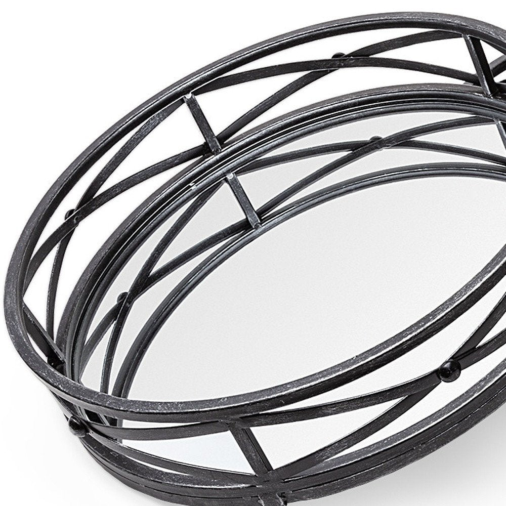 Set of Two Black Round Metal And Mirrored Glass Vanity Trays HomeRoots