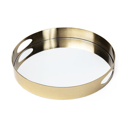 15" Gold And Mirrored Glass Round Metal Tray With Handles HomeRoots