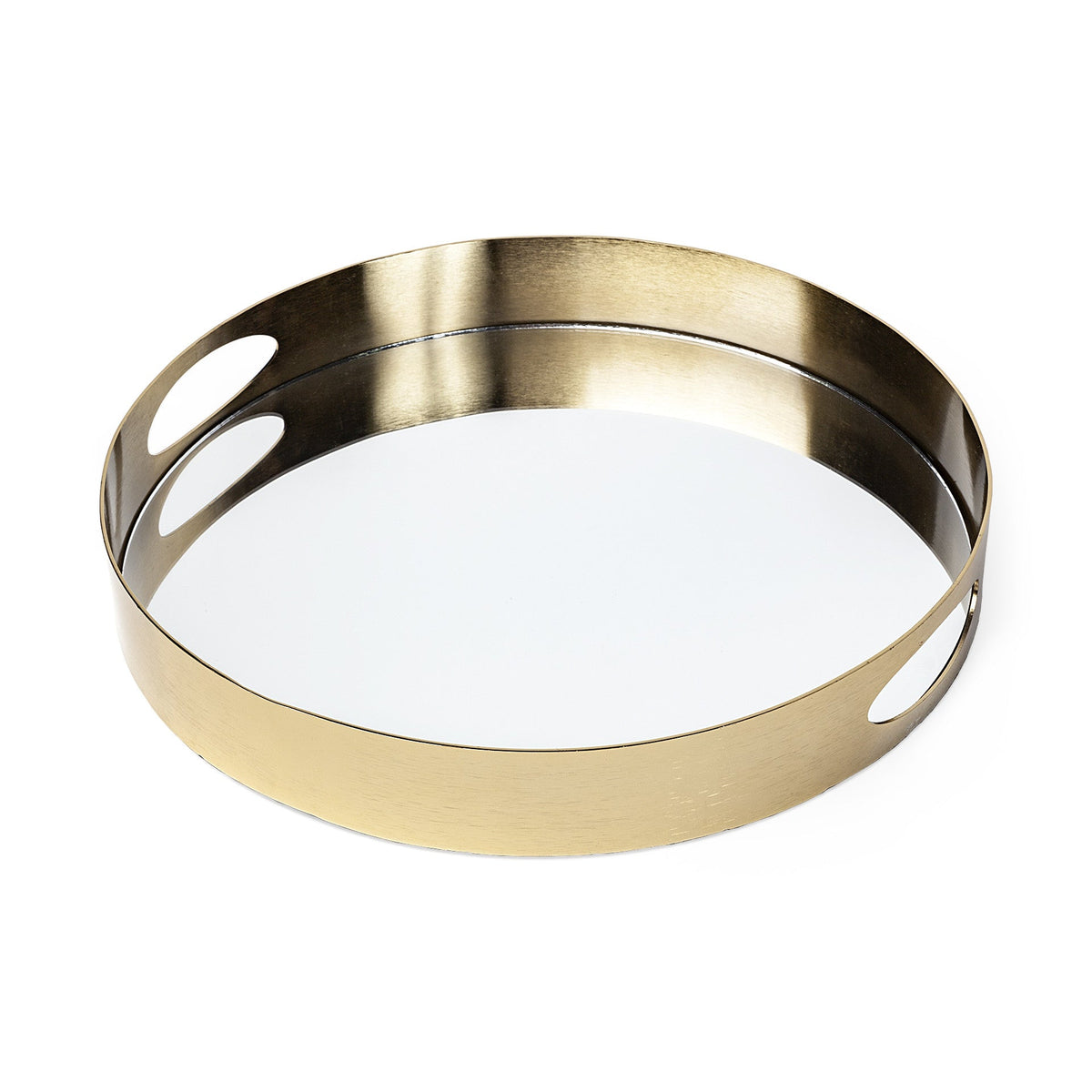 15" Gold And Mirrored Glass Round Metal Tray With Handles — view 1