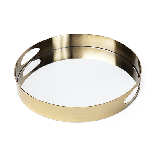 15" Gold And Mirrored Glass Round Metal Tray With Handles HomeRoots