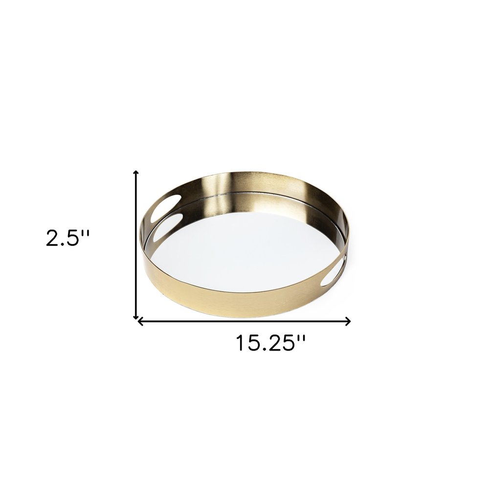 15" Gold And Mirrored Glass Round Metal Tray With Handles HomeRoots