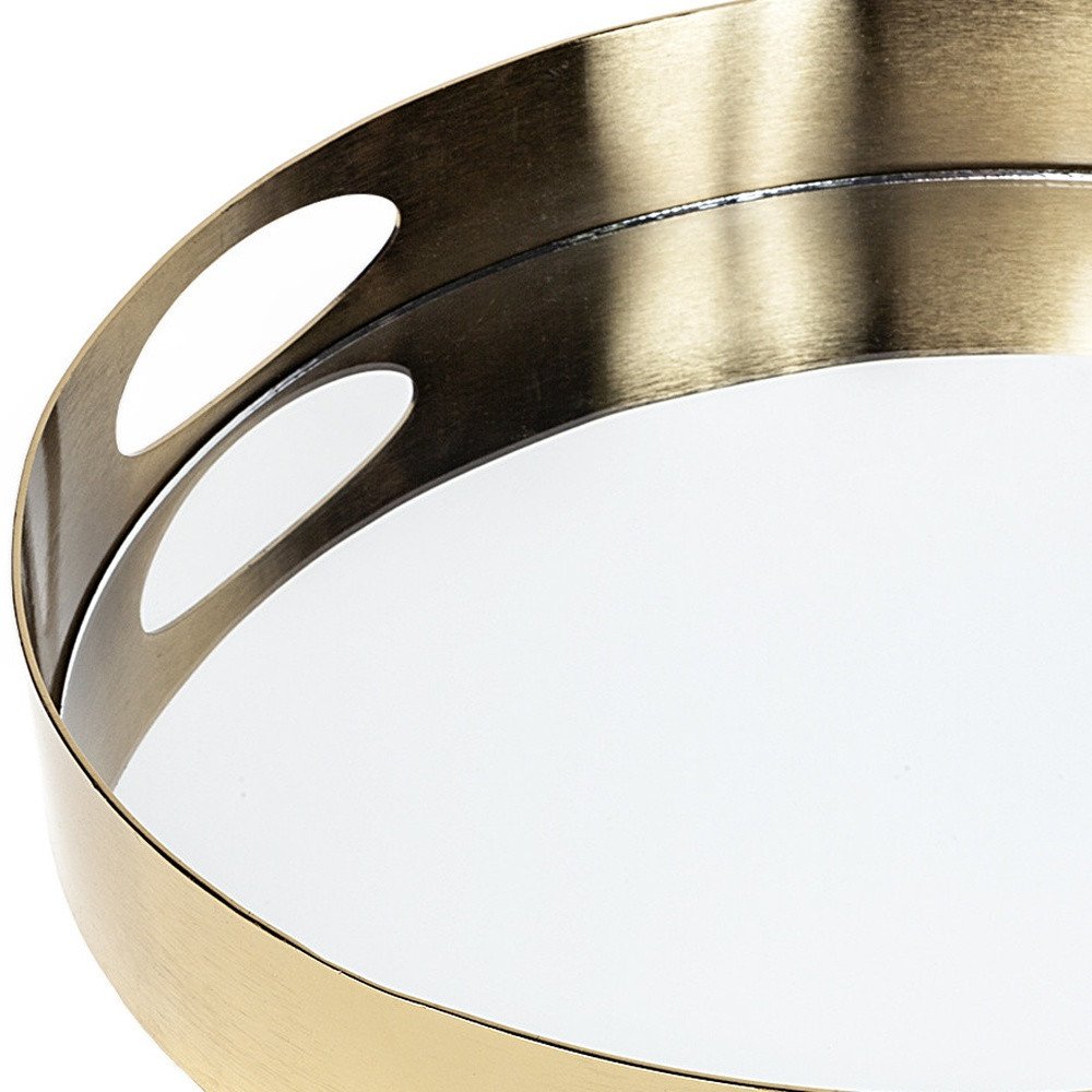 15" Gold And Mirrored Glass Round Metal Tray With Handles HomeRoots