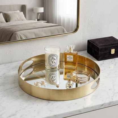 15" Gold And Mirrored Glass Round Metal Tray With Handles HomeRoots