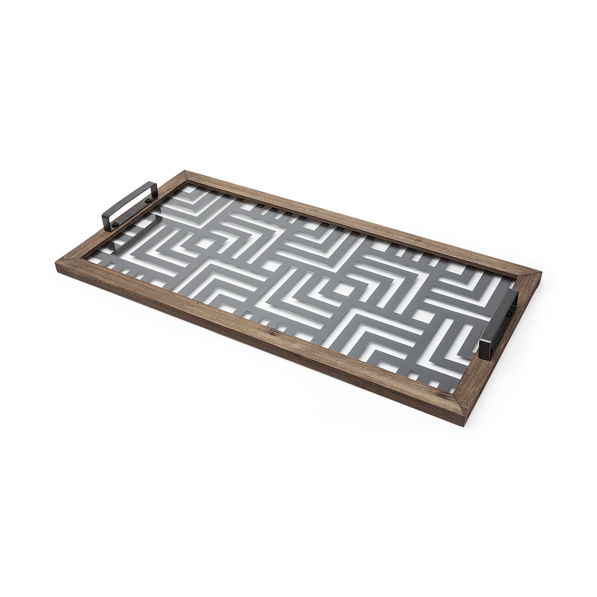 32" Brown and Black Glass Metal And Wood Geometric Serving Tray With Handles HomeRoots