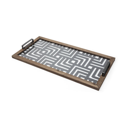 32" Brown and Black Glass Metal And Wood Geometric Serving Tray With Handles HomeRoots