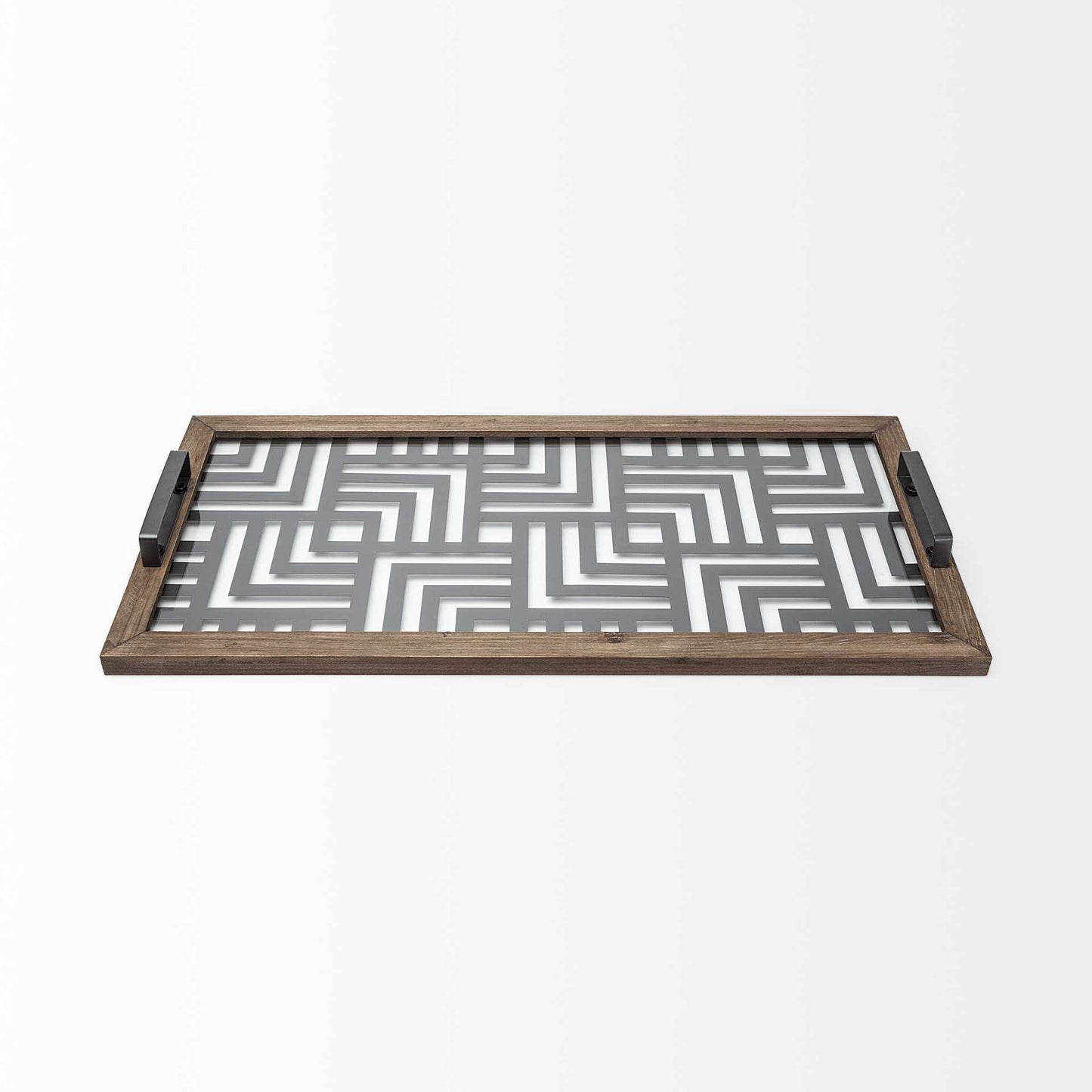 32" Brown and Black Glass Metal And Wood Geometric Serving Tray With Handles HomeRoots