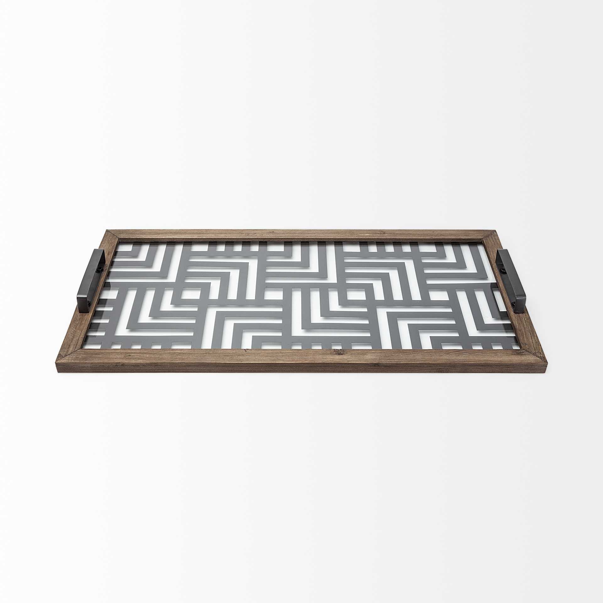 32" Brown and Black Glass Metal And Wood Geometric Serving Tray With Handles HomeRoots