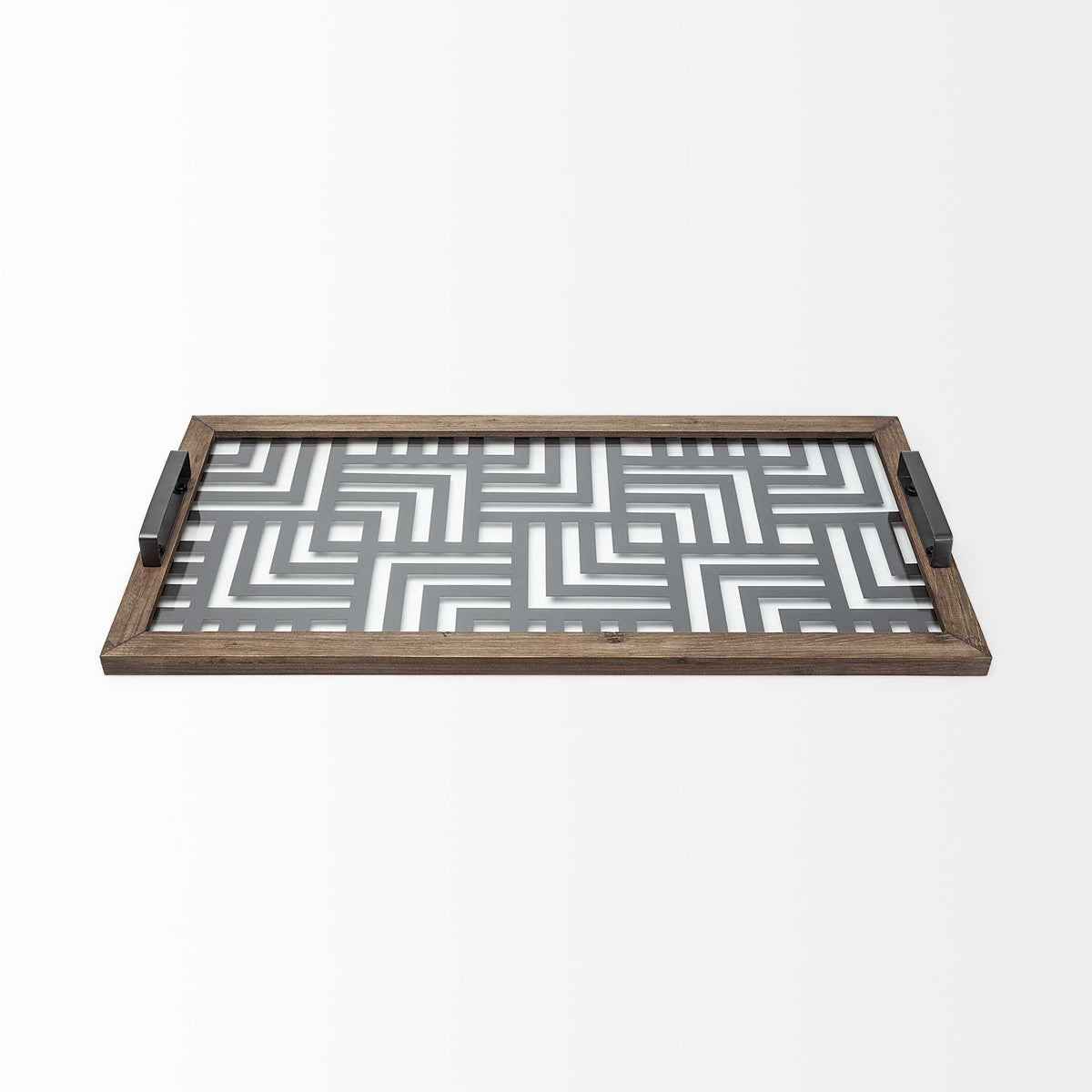 32" Brown and Black Glass Metal And Wood Geometric Serving Tray With Handles HomeRoots