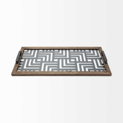 32" Brown and Black Glass Metal And Wood Geometric Serving Tray With Handles HomeRoots