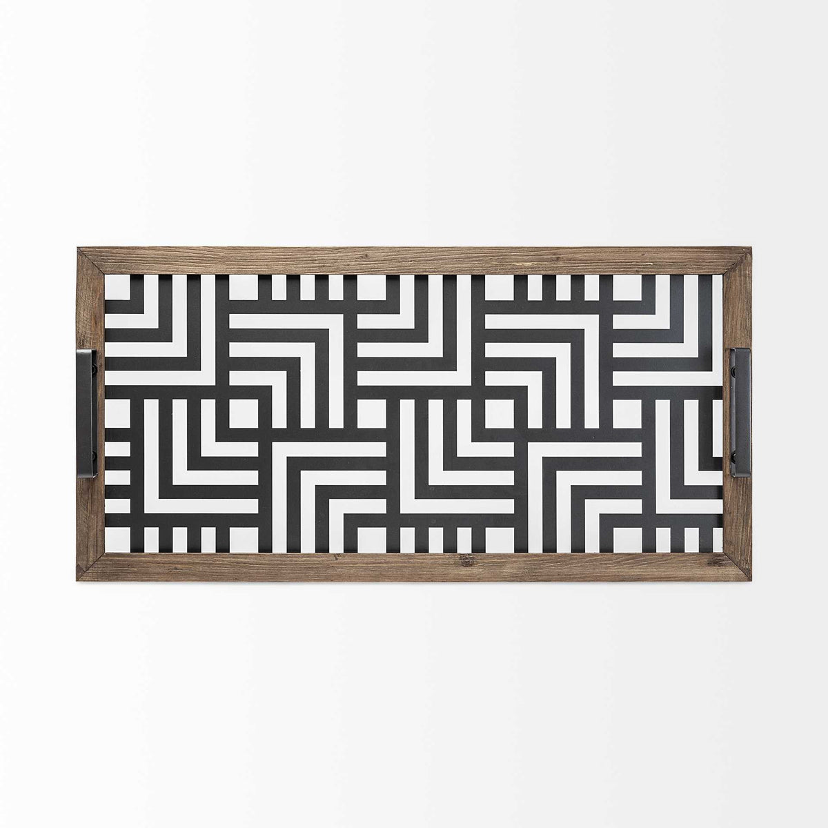 32" Brown and Black Glass Metal And Wood Geometric Serving Tray With Handles HomeRoots