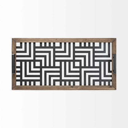32" Brown and Black Glass Metal And Wood Geometric Serving Tray With Handles HomeRoots
