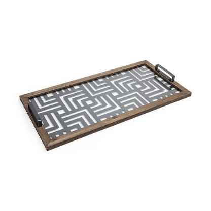 32" Brown and Black Glass Metal And Wood Geometric Serving Tray With Handles HomeRoots