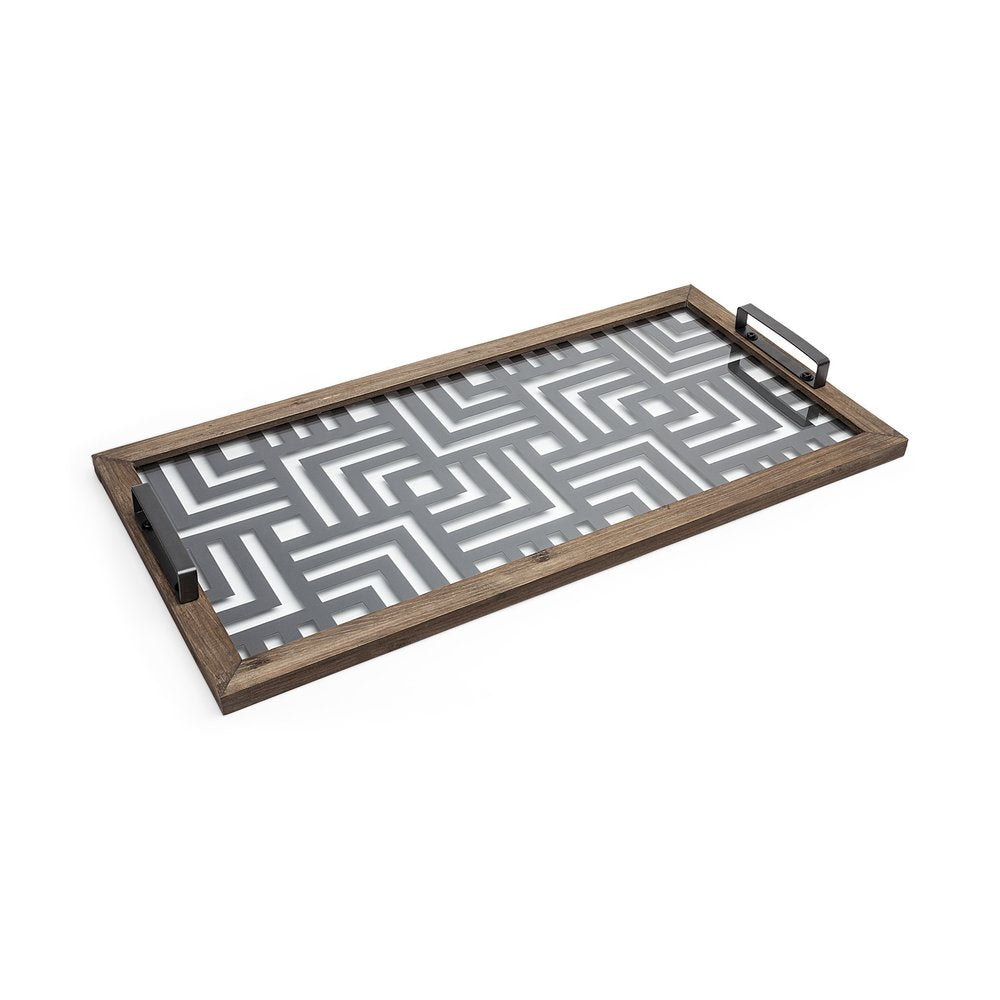 32" Brown and Black Glass Metal And Wood Geometric Serving Tray With Handles HomeRoots