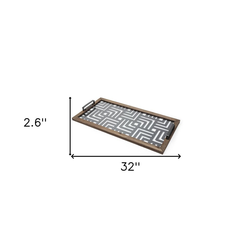 32" Brown and Black Glass Metal And Wood Geometric Serving Tray With Handles HomeRoots