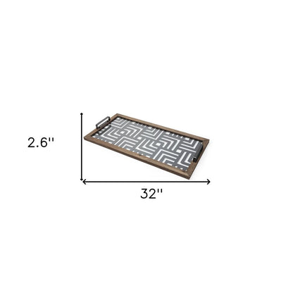 32" Brown and Black Glass Metal And Wood Geometric Serving Tray With Handles HomeRoots