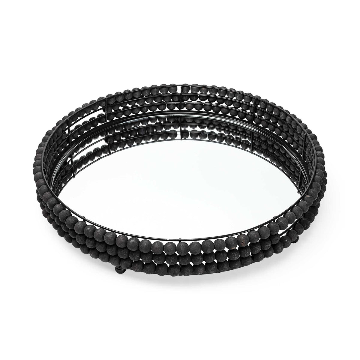 21" Matte Black Wood With Bead Mirrored Glass Bottom Round Tray HomeRoots