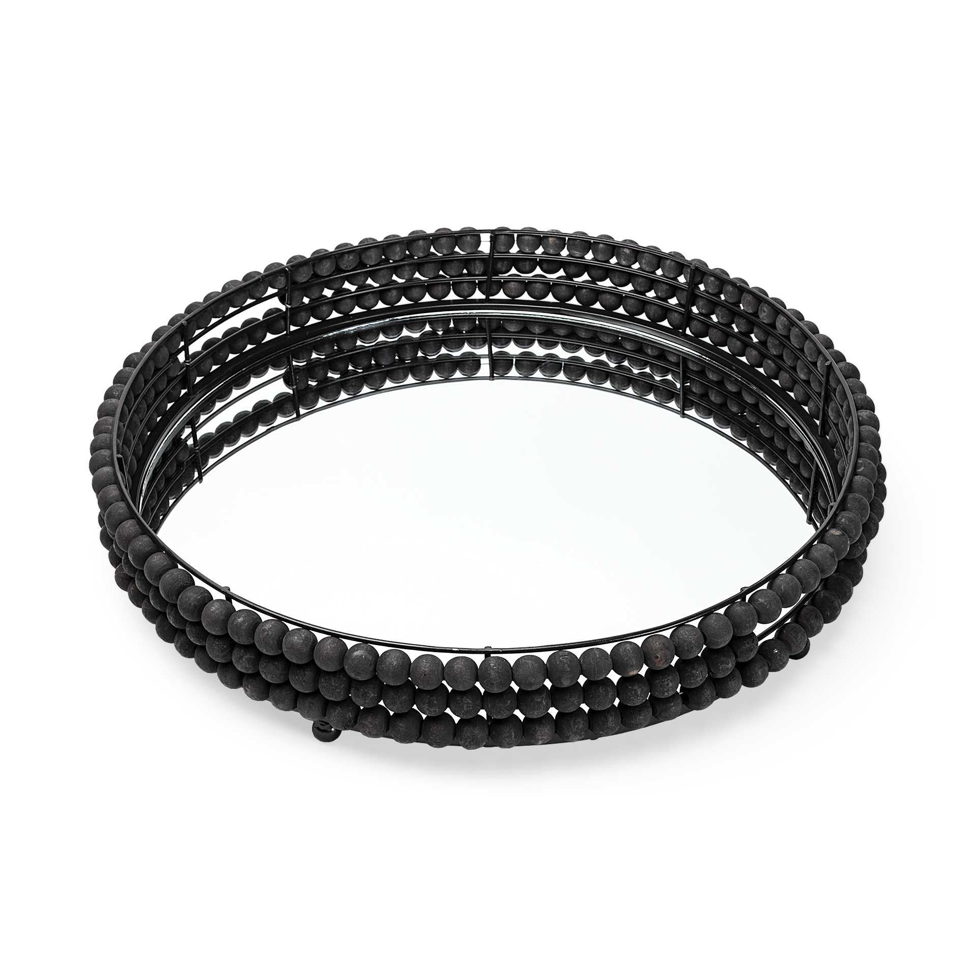 21" Matte Black Wood With Bead Mirrored Glass Bottom Round Tray HomeRoots