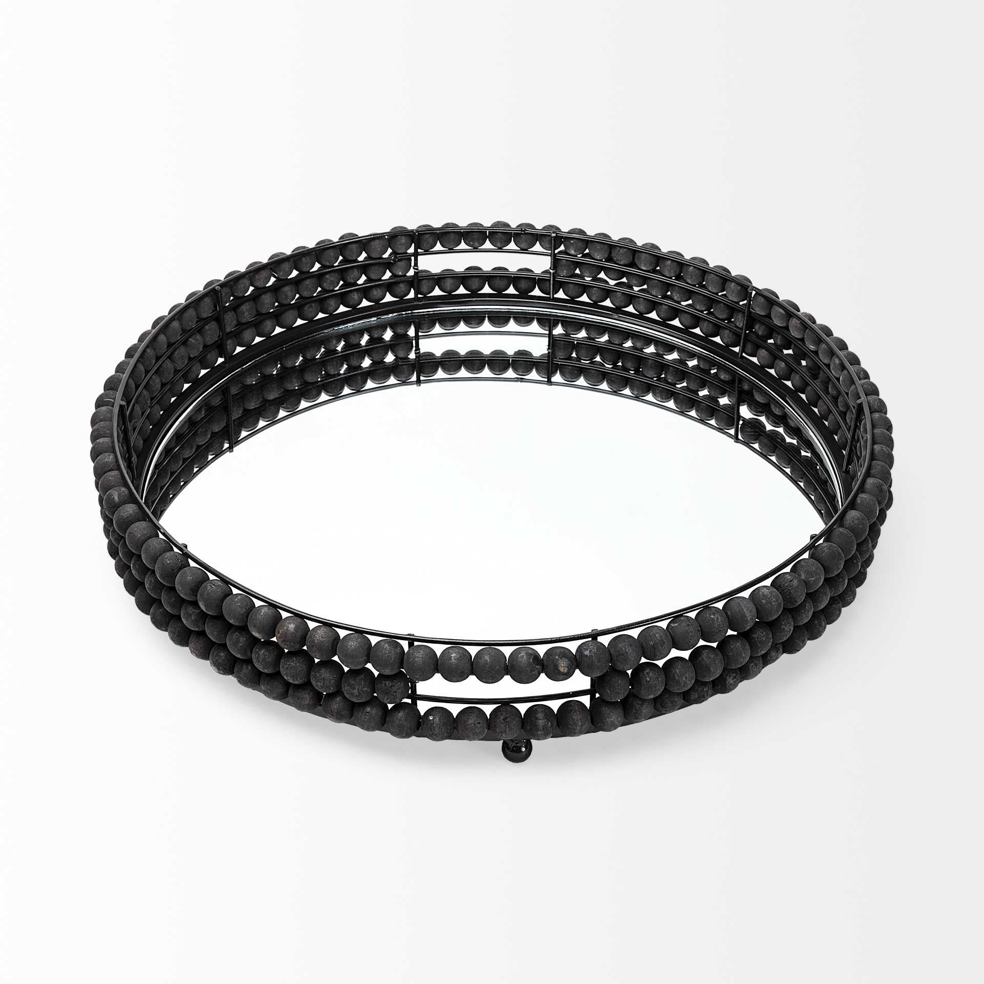 21" Matte Black Wood With Bead Mirrored Glass Bottom Round Tray HomeRoots